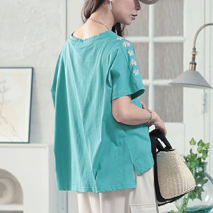 大きいサイズ レディース 接触冷感花柄スリーブコットンTシャツ　plan-281509 【メール便可】