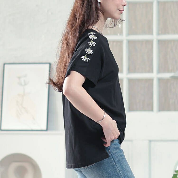 大きいサイズ レディース 接触冷感花柄スリーブコットンTシャツ　plan-281509 【メール便可】