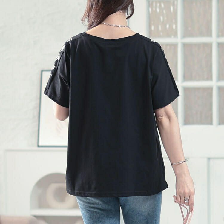 大きいサイズ レディース 接触冷感花柄スリーブコットンTシャツ　plan-281509 【メール便可】