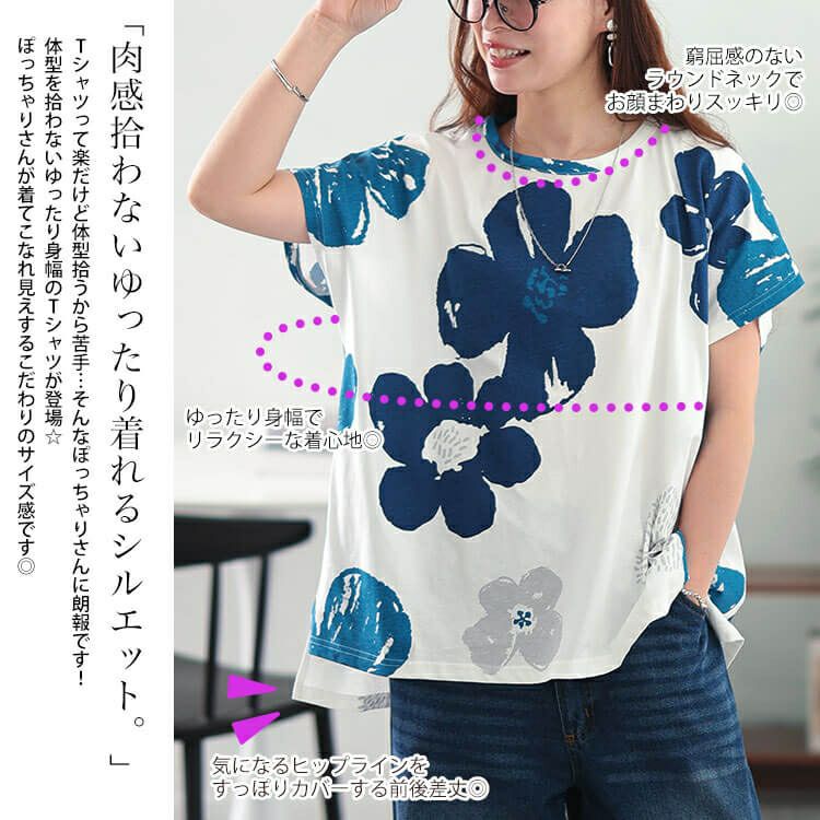 大きいサイズ レディース 接触冷感大花柄コットンTシャツ　plan-281513 【メール便可】