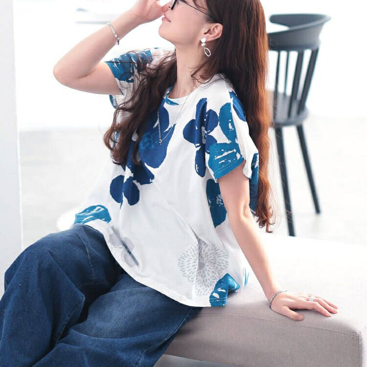大きいサイズ レディース 接触冷感大花柄コットンTシャツ　plan-281513 【メール便可】