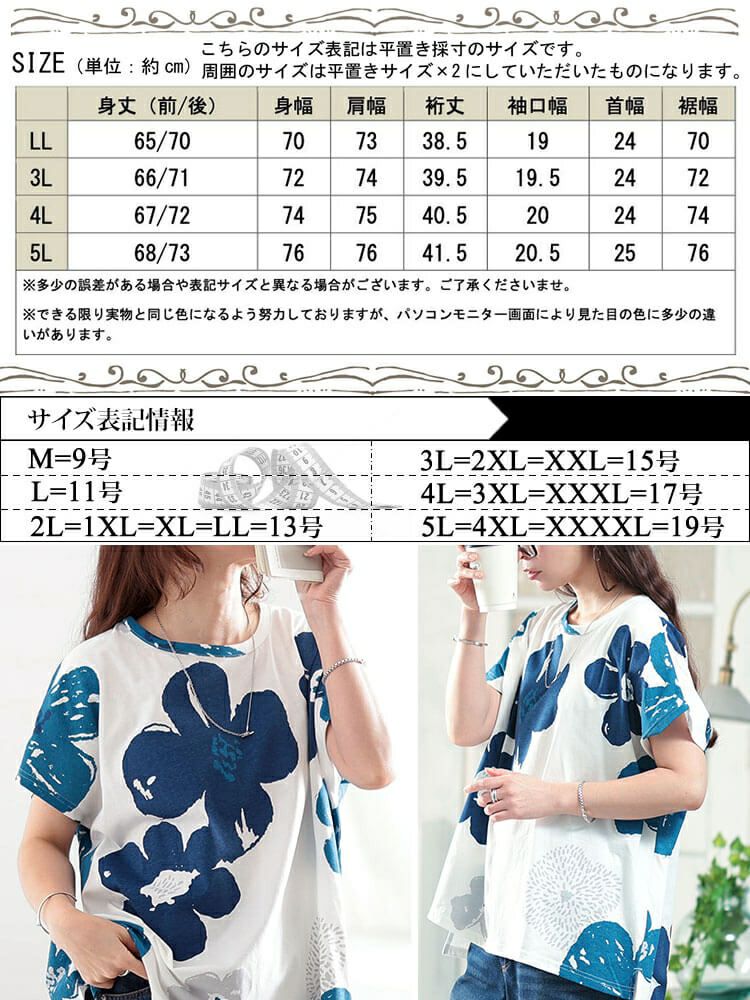 大きいサイズ レディース 接触冷感大花柄コットンTシャツ　plan-281513 【メール便可】