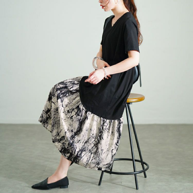 大きいサイズ レディース 異素材切替えVネックワンピース　goldy-1689【メール便可】