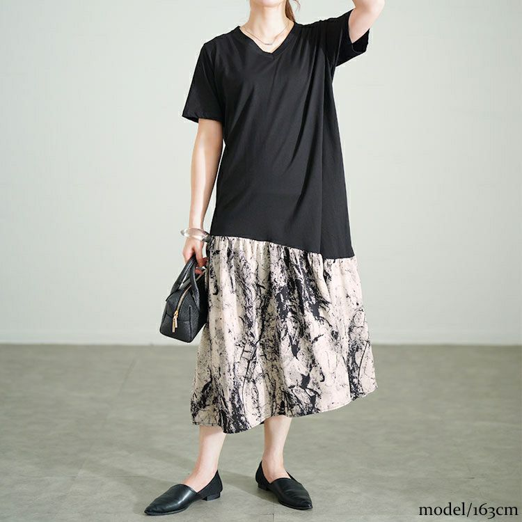 大きいサイズ レディース 異素材切替えVネックワンピース　goldy-1689【メール便可】