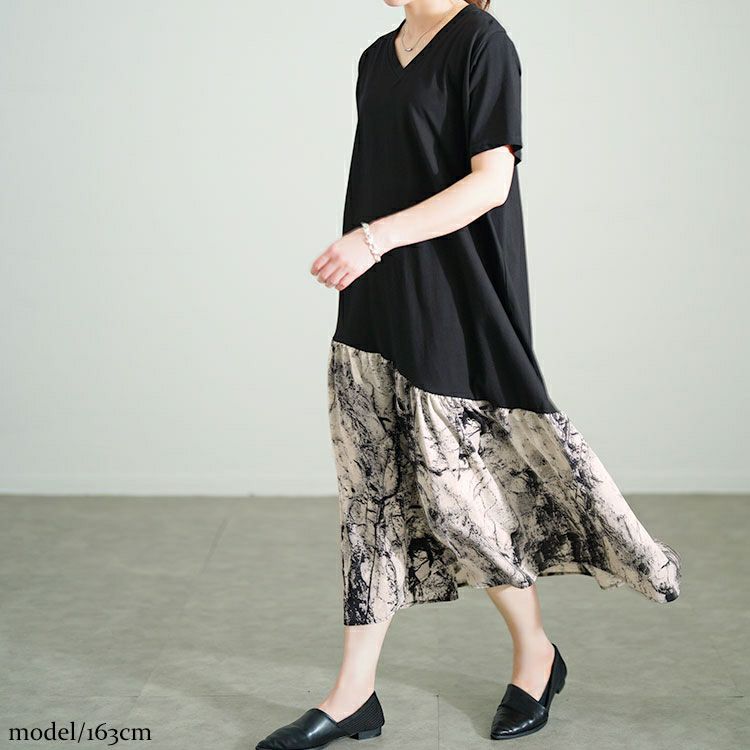 大きいサイズ レディース 異素材切替えVネックワンピース　goldy-1689【メール便可】