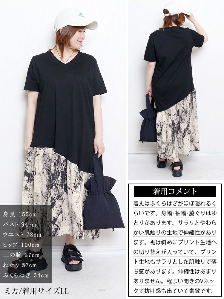 大きいサイズ レディース 異素材切替えVネックワンピース　goldy-1689【メール便可】