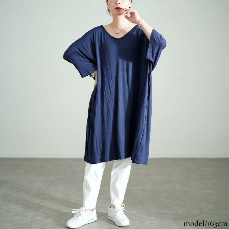 大きいサイズ レディース Vネックドルマンチュニックワンピース　goldy-1687【メール便可】 ネイビー