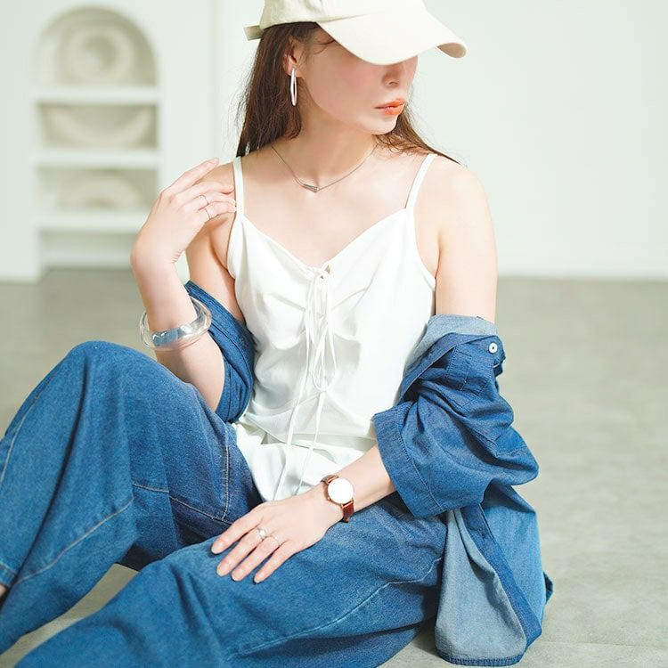 大きいサイズ レディース リボン紐キーネックキャミソール　goldy-1678【メール便可】