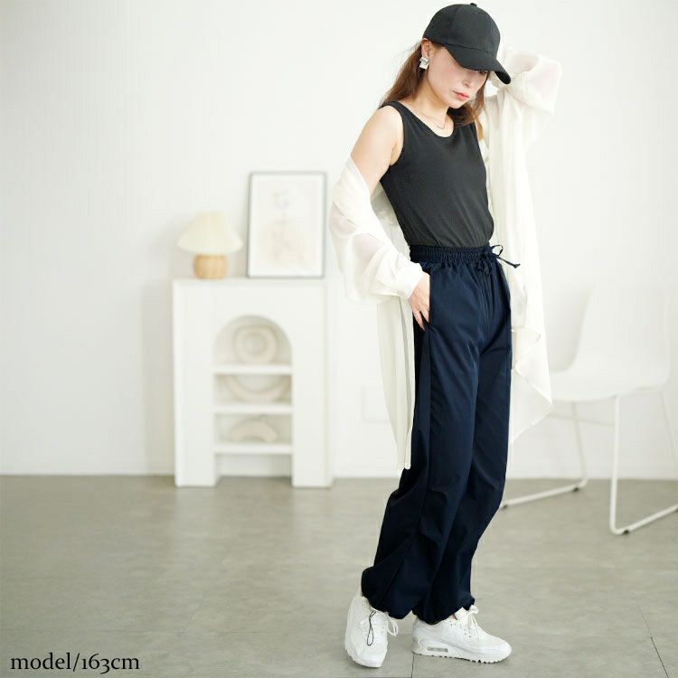 ネイビー パラシュートパンツ　ドローストリング付き 大きいサイズ レディース 裾ドローコードパラシュートパンツ goldy
