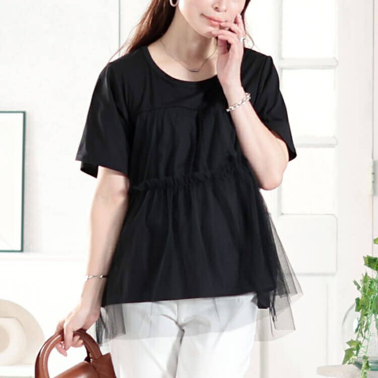 大きいサイズ レディース ティアードチュールレイヤードTシャツ　fem-585【メール便可】