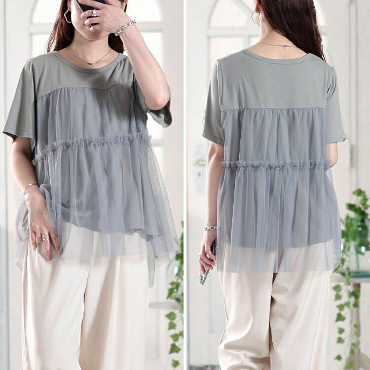 大きいサイズ レディース ティアードチュールレイヤードTシャツ　fem-585【メール便可】