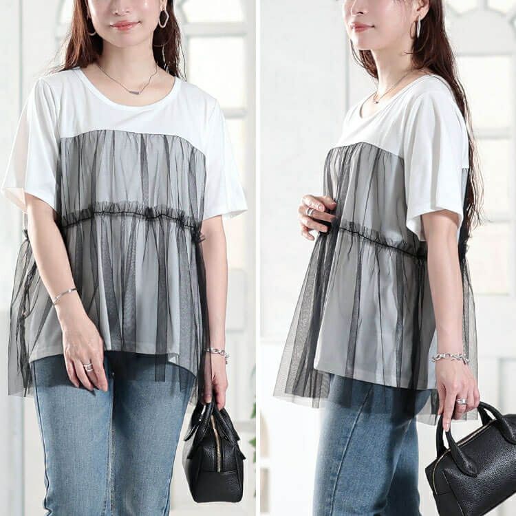 大きいサイズ レディース ティアードチュールレイヤードTシャツ　fem-585【メール便可】