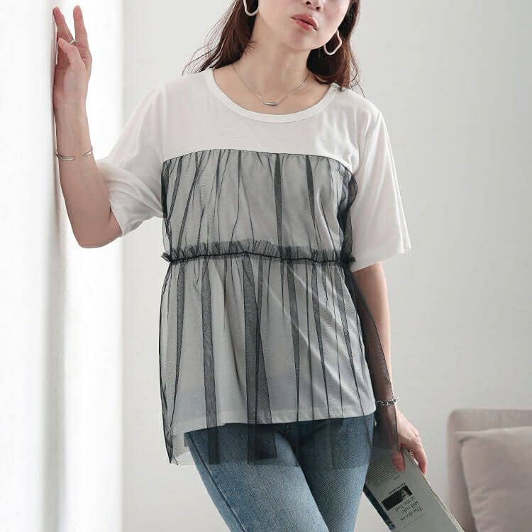 大きいサイズ レディース ティアードチュールレイヤードTシャツ　fem-585【メール便可】