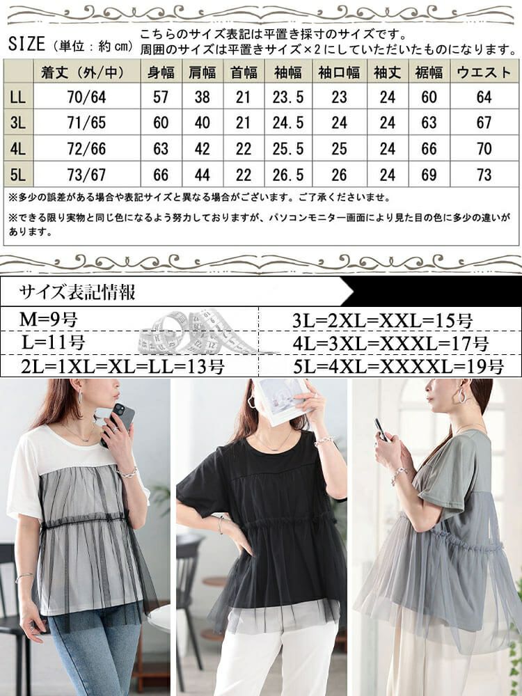 大きいサイズ レディース ティアードチュールレイヤードTシャツ　fem-585【メール便可】