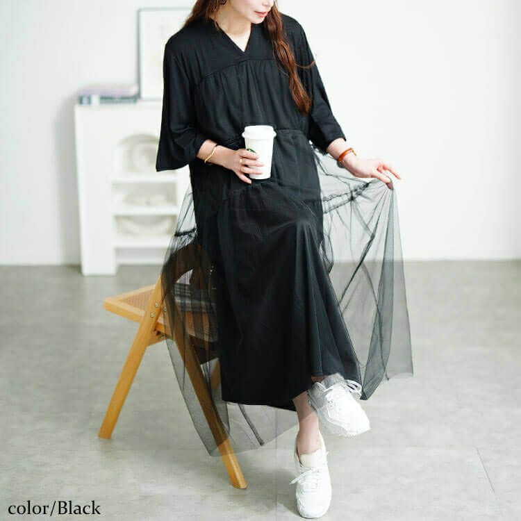 大きいサイズ レディース チュールドッキングドロストワンピース　sum-0009
