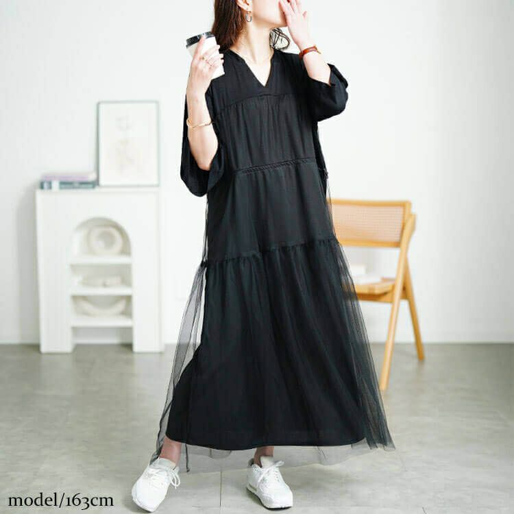 大きいサイズ レディース チュールドッキングドロストワンピース　sum-0009