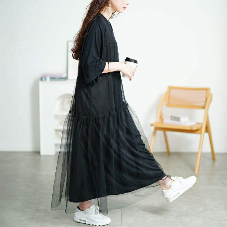 大きいサイズ レディース チュールドッキングドロストワンピース　sum-0009