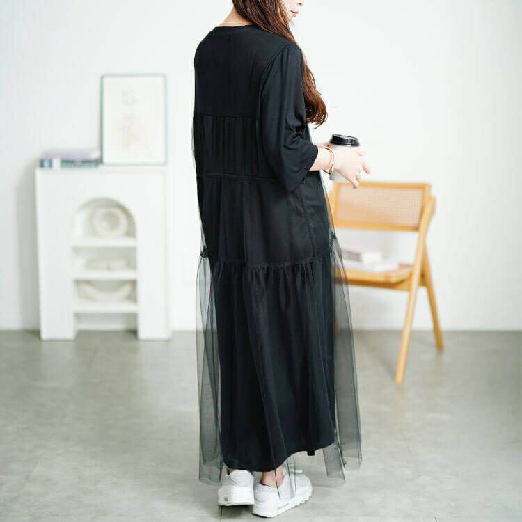 大きいサイズ レディース チュールドッキングドロストワンピース　sum-0009