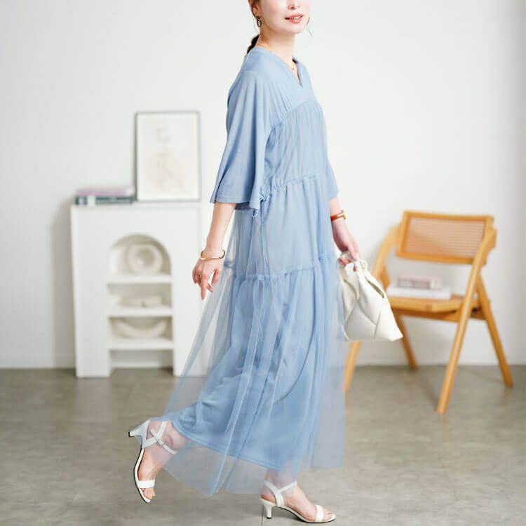 大きいサイズ レディース チュールドッキングドロストワンピース　sum-0009