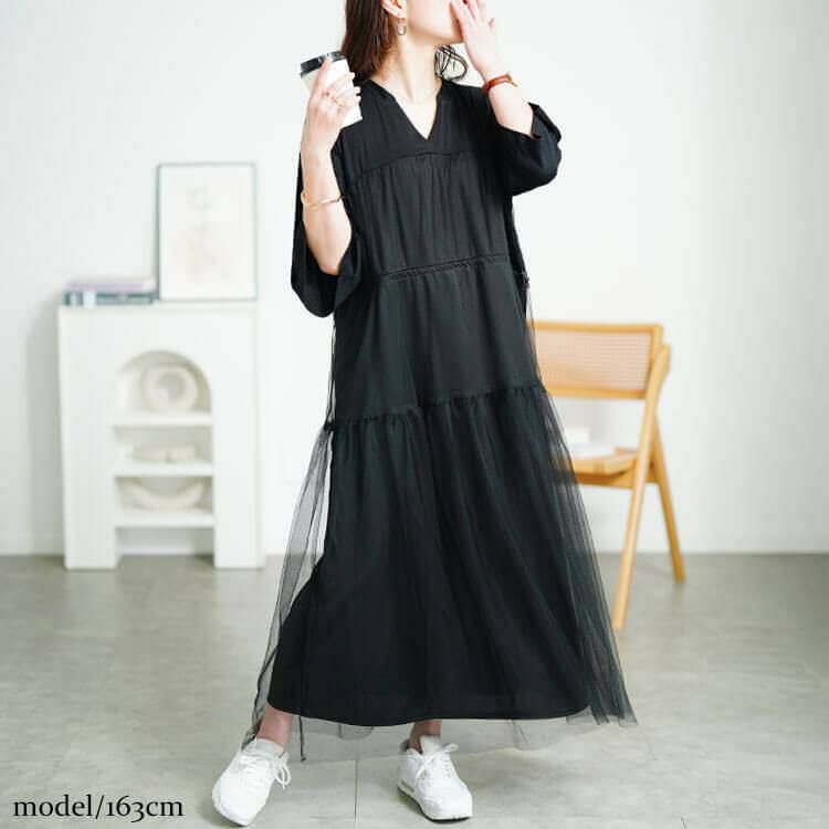 大きいサイズ レディース チュールドッキングドロストワンピース　sum-0009 ブラック