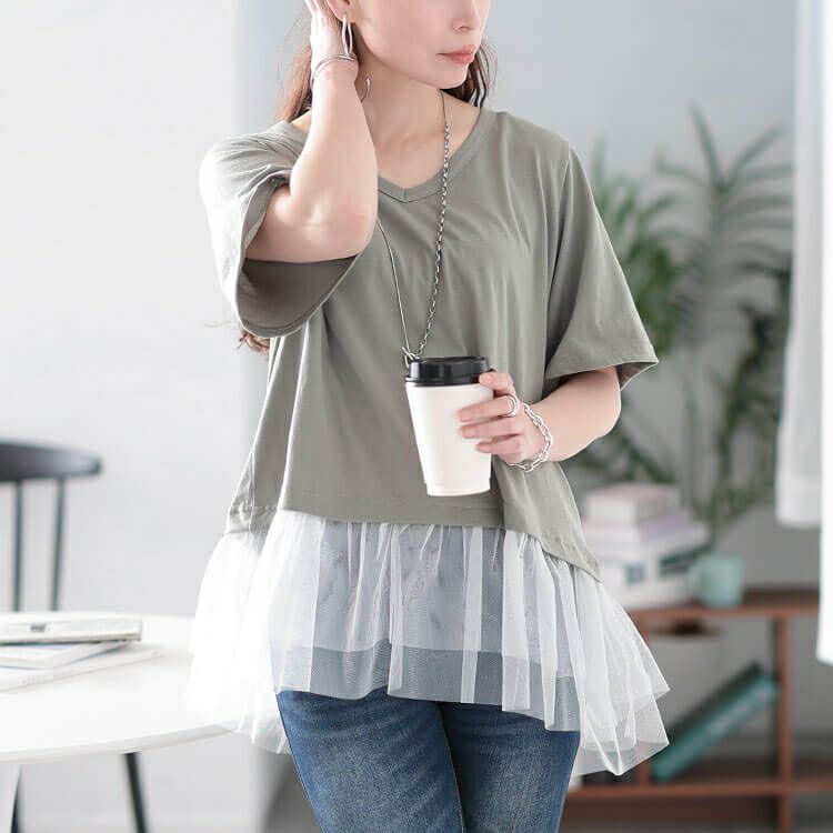 大きいサイズ レディース 裾ティアードチュール切り替えTシャツ　fem-588【メール便可】