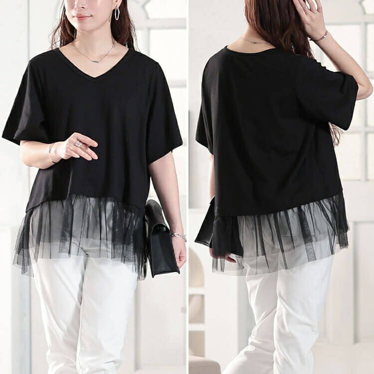 大きいサイズ レディース 裾ティアードチュール切り替えTシャツ　fem-588【メール便可】