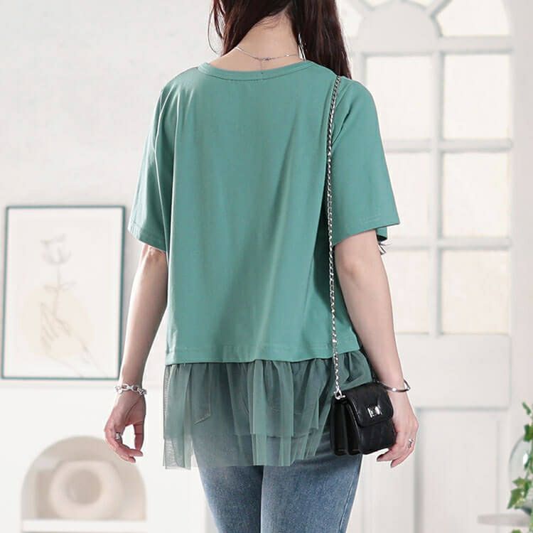 大きいサイズ レディース 裾ティアードチュール切り替えTシャツ　fem-588【メール便可】
