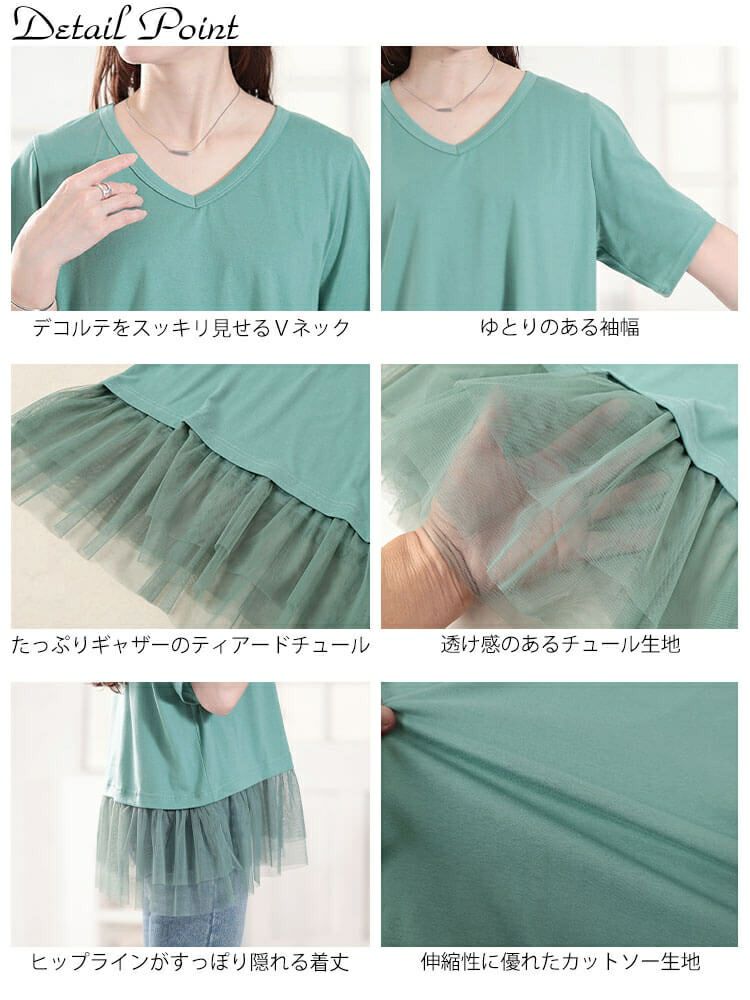大きいサイズ レディース 裾ティアードチュール切り替えTシャツ　fem-588【メール便可】