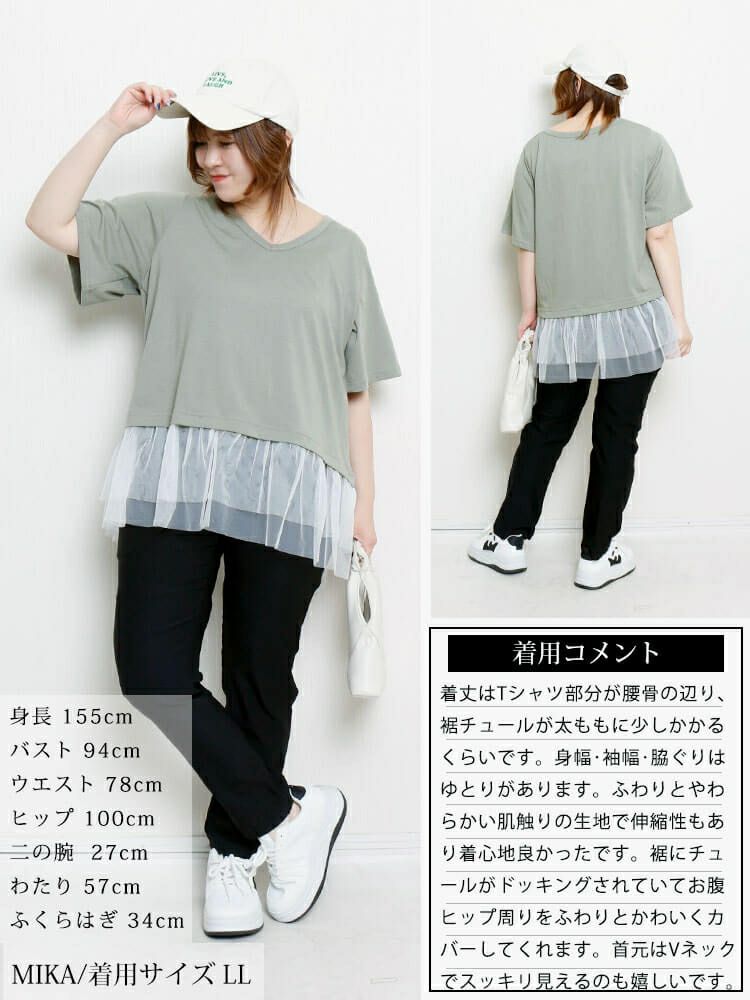 大きいサイズ レディース 裾ティアードチュール切り替えTシャツ　fem-588【メール便可】