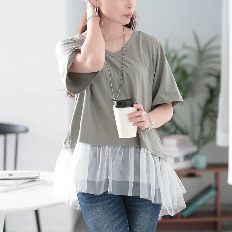 大きいサイズ レディース 裾ティアードチュール切り替えTシャツ　fem-588【メール便可】 グレー