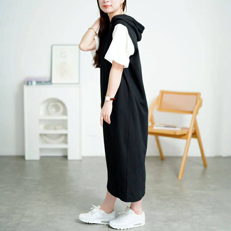 大きいサイズ レディース フェイクレイヤードフードワンピース　fem-587