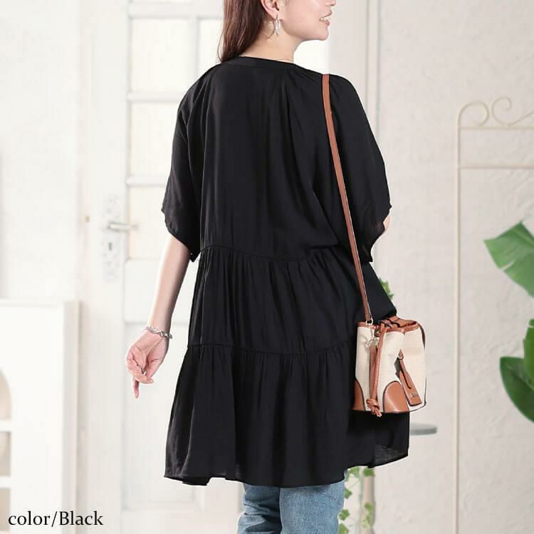 大きいサイズ レディース ティアードワッシャーミニワンピース　fem-582【メール便可】 ブラック