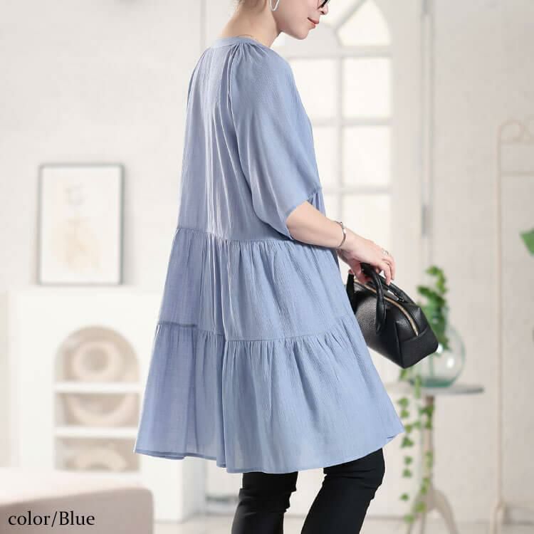 大きいサイズ レディース ティアードワッシャーミニワンピース　fem-582【メール便可】 ブルー