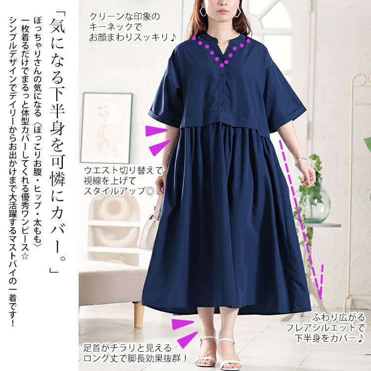 大きいサイズ レディース キーネック切り替えワンピース　fem-579