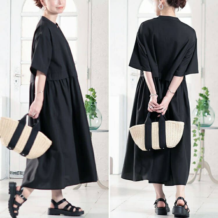 大きいサイズ レディース キーネック切り替えワンピース　fem-579