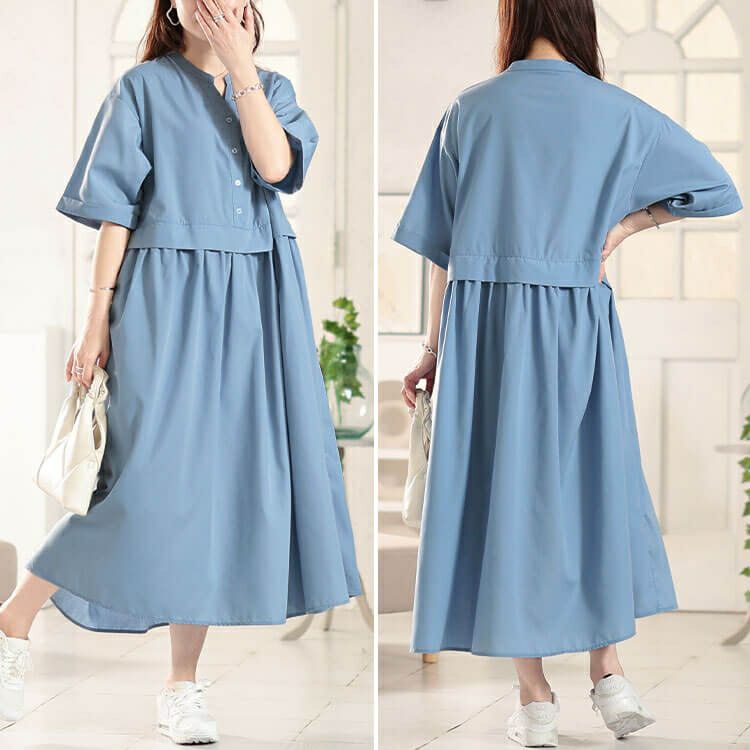 大きいサイズ レディース キーネック切り替えワンピース　fem-579