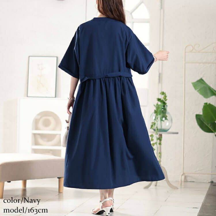 大きいサイズ レディース キーネック切り替えワンピース　fem-579
