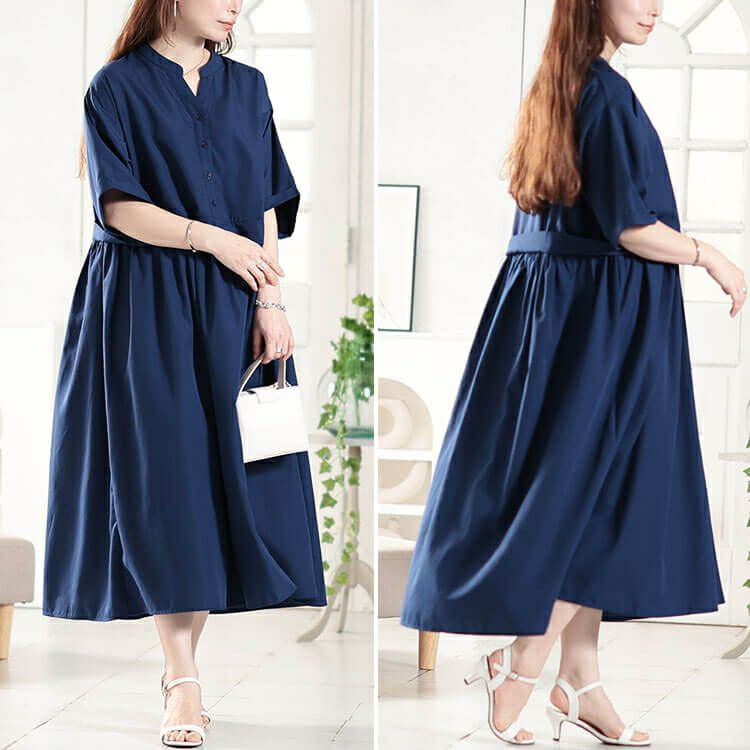 大きいサイズ レディース キーネック切り替えワンピース　fem-579