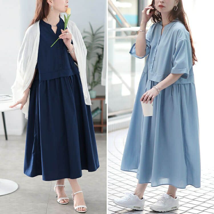 大きいサイズ レディース キーネック切り替えワンピース　fem-579