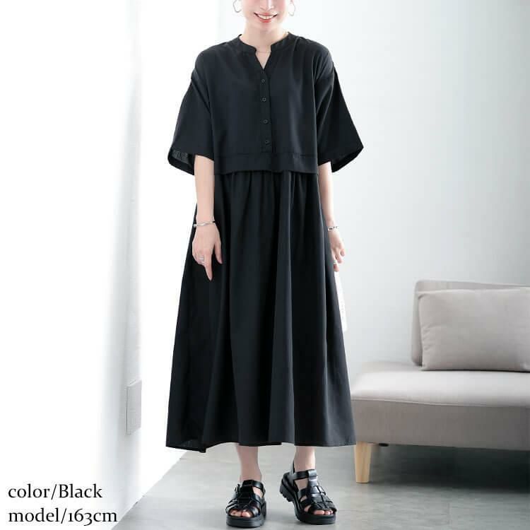 大きいサイズ レディース キーネック切り替えワンピース　fem-579 ブラック