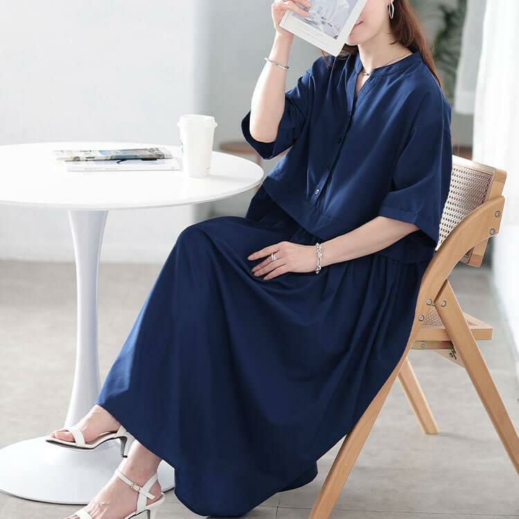 大きいサイズ レディース キーネック切り替えワンピース　fem-579 ネイビー