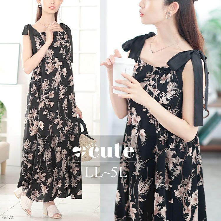 大きいサイズ レディース 花柄肩リボンキャミワンピース　tani-15603ll