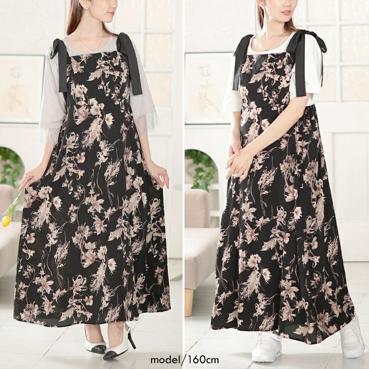 大きいサイズ レディース 花柄肩リボンキャミワンピース　tani-15603ll