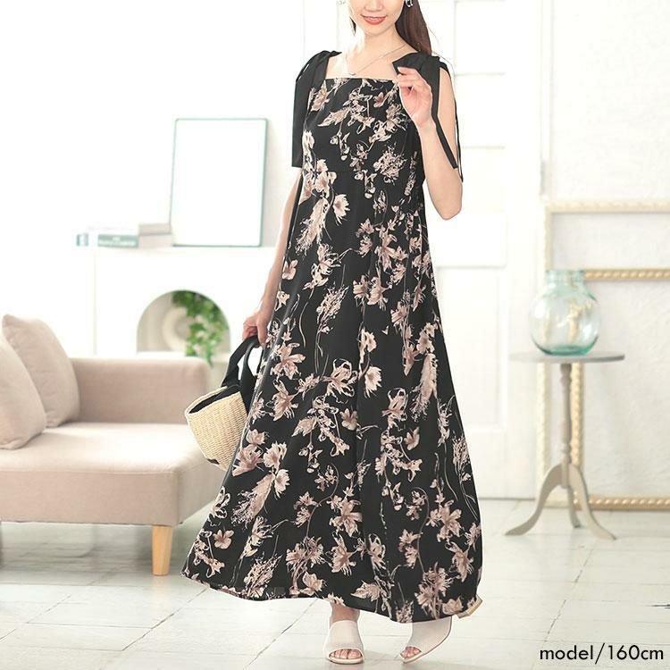 大きいサイズ レディース 花柄肩リボンキャミワンピース　tani-15603ll ブラック