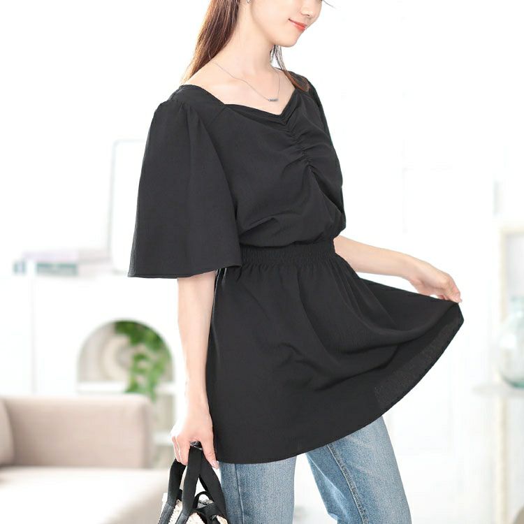 大きいサイズ レディース 楊柳ハートネックぺプラムチュニック　tani-36915ll【メール便可】