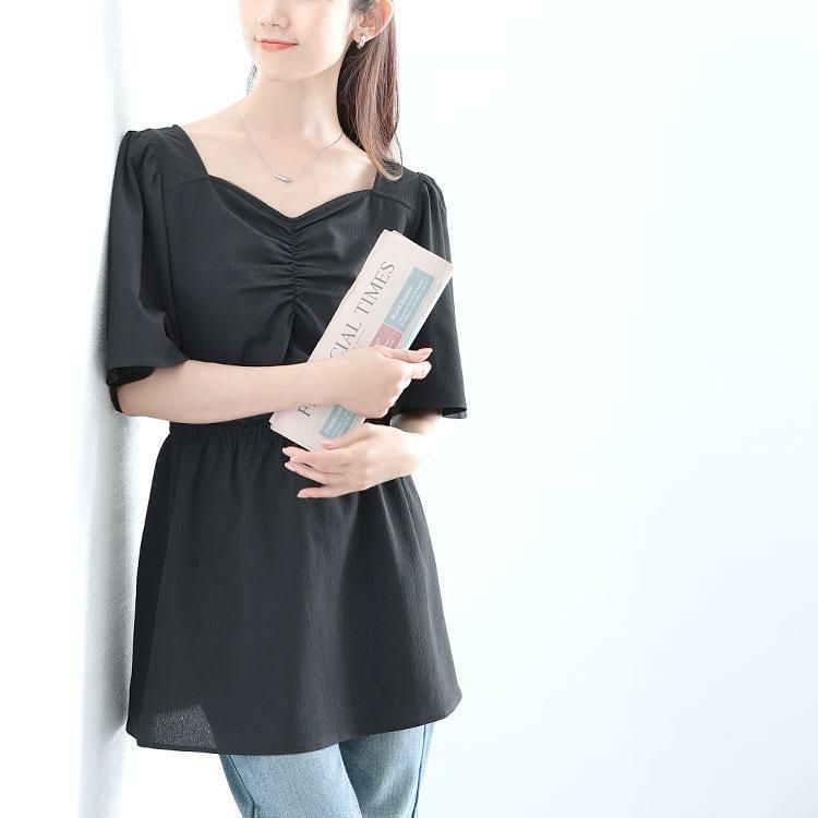 大きいサイズ レディース 楊柳ハートネックぺプラムチュニック　tani-36915ll【メール便可】 ブラック