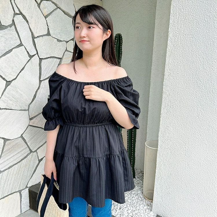 大きいサイズ レディース 2wayストライプぺプラムチュニック　tani-36918ll