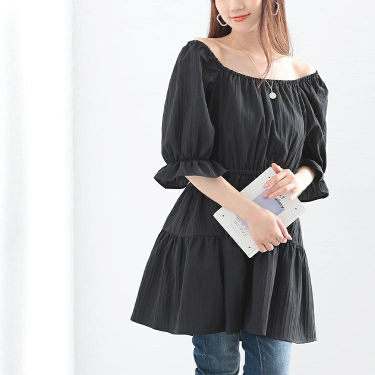 大きいサイズ レディース 2wayストライプぺプラムチュニック　tani-36918ll