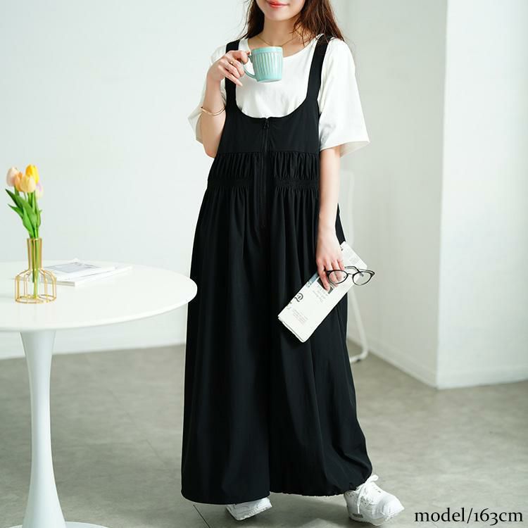 大きいサイズ レディース ウエストシャーリングサロペットパンツ　nw-25030 ブラック