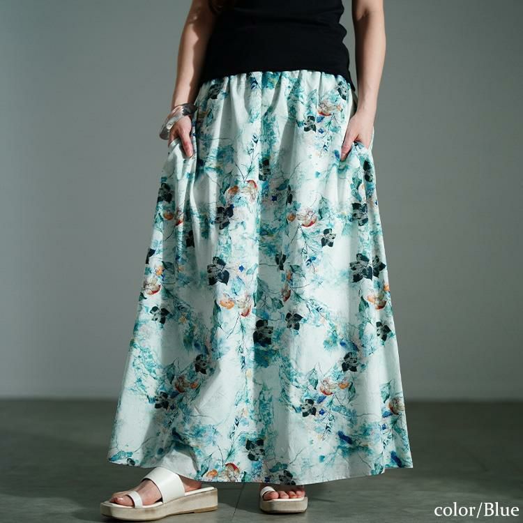 大きいサイズ レディース 花柄フレアスカート　nw-25026【メール便可】 ブルー